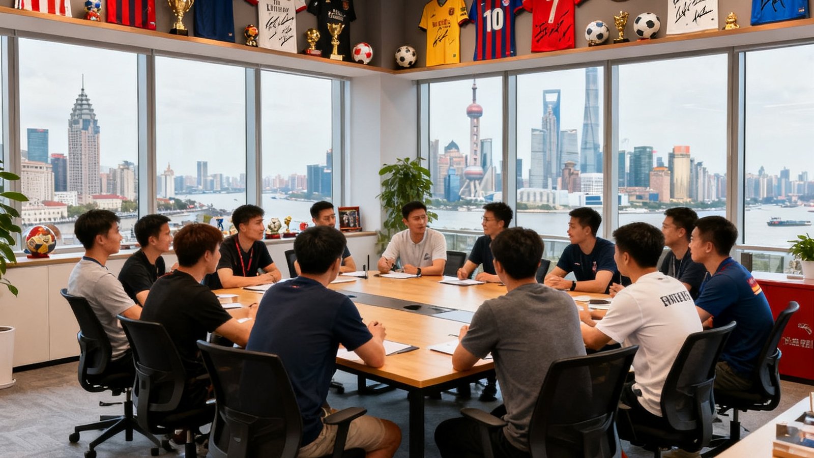 足球巴巴核心团队合影：在充满足球元素的开放式办公空间里，约30位团队成员围坐在长桌旁热烈讨论，墙上装饰着各豪门球队的签名球衣和足球纪念品，窗外是上海浦东的城市天际线。